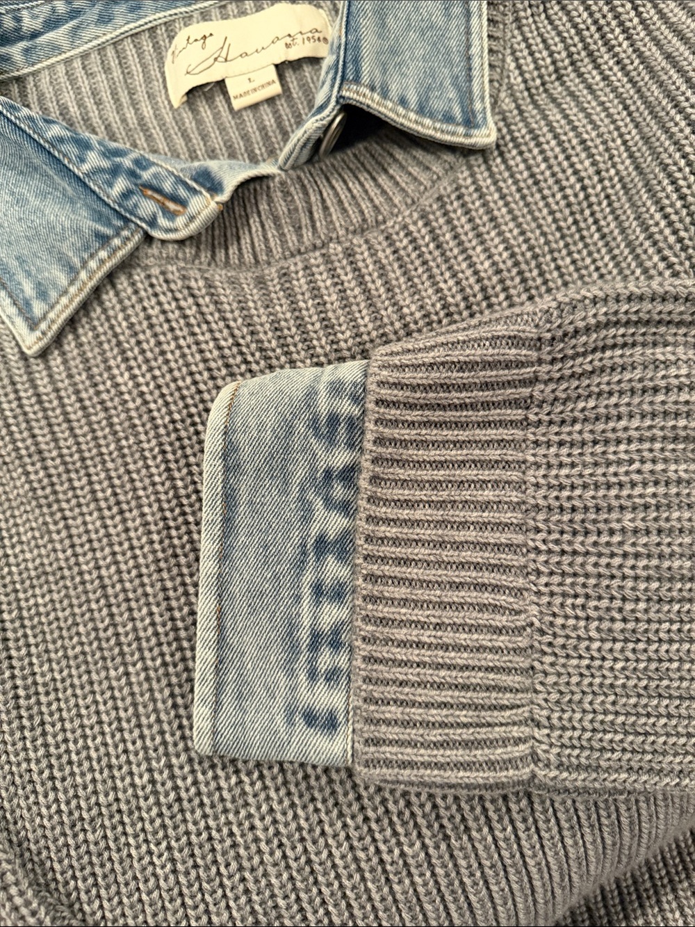 Vintage Havana Gray Ribbed Crewneck Sweater with Denim Collar & Cuffs Size L NWT - Picture 5 of 12